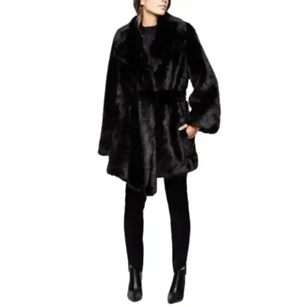 Zadig & Voltaire Faux Fur Coat Black Belted Double Breasted Heavy Weight 36 S